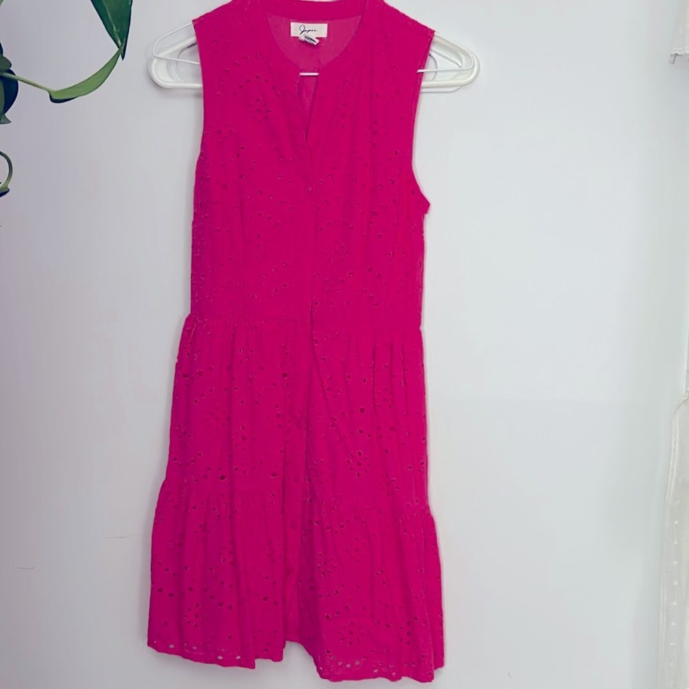 Japra size s hot pink eyelet tiered button down dress elastic waist above knee